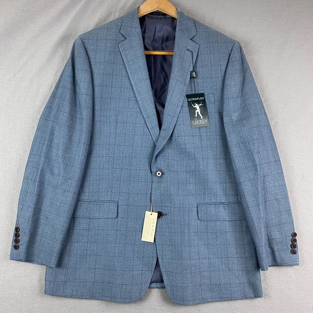 LRL Ralph Lauren Sport Coat Mens 44L Long Wool silk Plaid Blazer $295 NEW